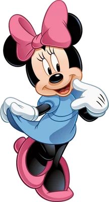 Hình ảnh Minnie Mouse hoạt hình đáng yêu, mặc váy xanh và nơ hồng, đang tạo dáng vui tươi trên nền xám.