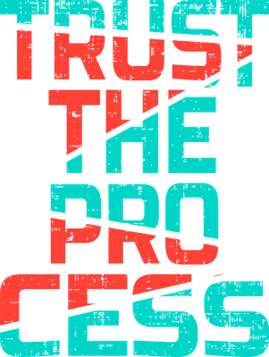 Hình ảnh chữ "Trust The Process" với font chữ lớn, màu cam và xanh ngọc, có hiệu ứng xước.