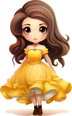 Hình vẽ chibi cô gái tóc nâu mặc váy vàng bồng bềnh, mắt to tròn đáng yêu, phong cách hoạt hình.