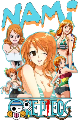 Tổng hợp hình ảnh Nami từ One Piece với nhiều biểu cảm và trang phục khác nhau, kèm logo One Piece.