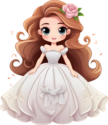 Hình minh họa cô dâu chibi dễ thương với váy cưới trắng bồng bềnh, tóc nâu dài và hoa hồng hồng cài tóc.