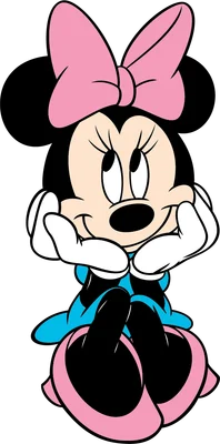 Hình ảnh Minnie Mouse hoạt hình đáng yêu ngồi tựa cằm, đeo nơ hồng lớn, váy xanh và giày hồng trên nền xám.