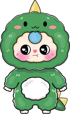 Hình minh họa nhân vật chibi đáng yêu mặc bộ đồ khủng long màu xanh lá cây, với đôi mắt to tròn và má hồng.