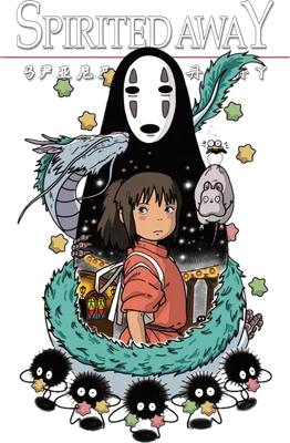 Hình ảnh minh họa các nhân vật Spirited Away: Chihiro, No-Face, rồng Haku, và các Tinh Linh Bồ Hóng (Susuwatari).