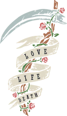 Hình minh họa lưỡi hái tử thần phong cách vintage, quấn quanh bởi dải ruy băng ghi 'LOVE LIFE DEATH' và những bông hoa hồng đỏ.