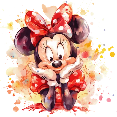 Hình ảnh Minnie Mouse hoạt hình dễ thương với phong cách màu nước, nền xám, biểu cảm vui vẻ, hai tay chống cằm.