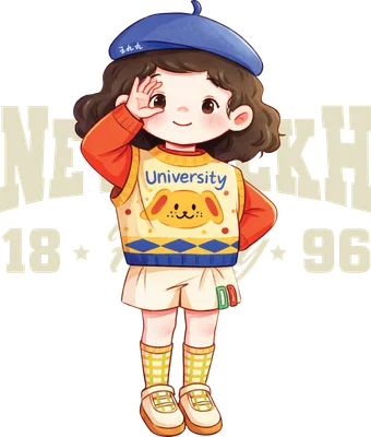 Hình vẽ cô bé hoạt hình dễ thương đội mũ beret xanh, mặc áo len vàng in hình thỏ và chữ University, chân váy trắng, tất kẻ caro.