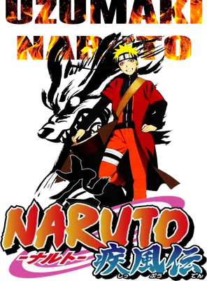 Hình ảnh Naruto Uzumaki với Cửu Vĩ, chữ Naruto và Uzumaki.