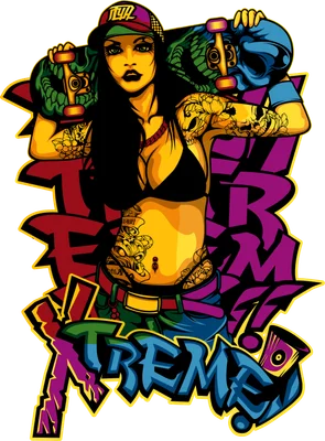 Hình ảnh minh họa cô gái trẻ cá tính, xăm trổ, đội mũ, cầm ván trượt, với chữ graffiti 'XTREME' phía sau.