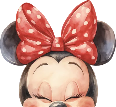 Hình ảnh Minnie Mouse hoạt hình đáng yêu với nơ chấm bi đỏ, phong cách vẽ màu nước, mắt nhắm cười