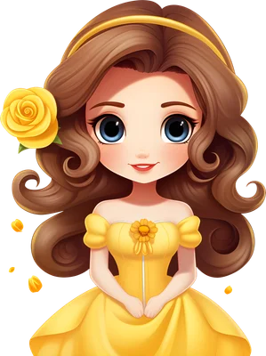 Hình minh họa cô gái hoạt hình chibi tóc nâu, mắt xanh, mặc váy vàng, cài hoa hồng vàng trên tóc.