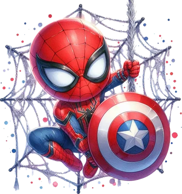 Hình ảnh Người Nhện Chibi trong trang phục đỏ xanh, một tay bám mạng nhện, tay kia cầm khiên Captain America.