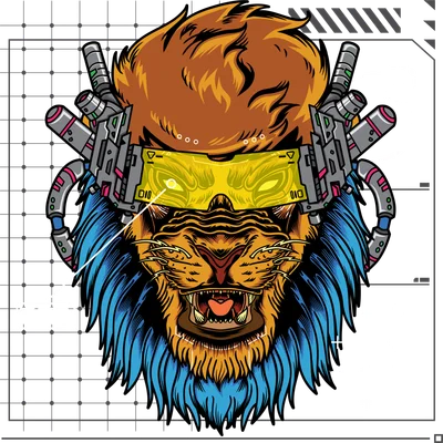 Hình minh họa đầu sư tử phong cách cyberpunk với kính thực tế ảo và chi tiết máy móc công nghệ cao