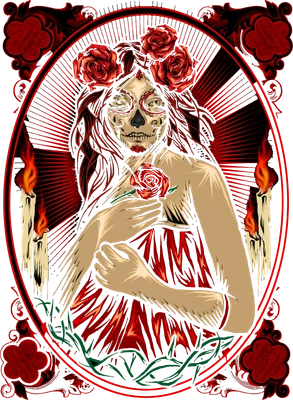 Hình minh họa cô gái trang điểm theo phong cách Sugar Skull, đội vương miện hoa hồng, cầm một bông hồng, với nến và họa tiết trang trí xung quanh.