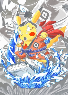 Hình ảnh Pikachu hóa trang Samurai, mặc áo cam đỏ, đội tóc đen, cưỡi cá mập trắng xanh giữa sóng nước, phong cách vẽ anime.
