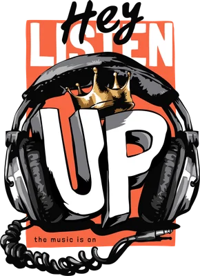 Hình minh họa tai nghe màu đen xám với vương miện vàng, chữ 'Hey LISTEN UP' và 'the music is on' trên nền cam xám.
