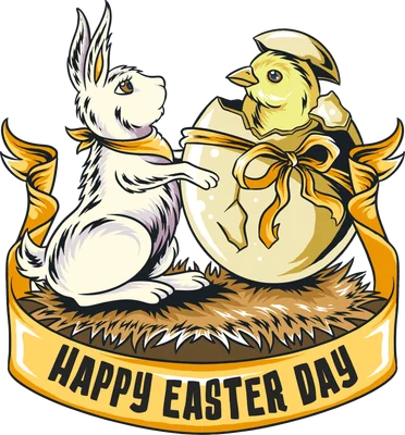 Hình ảnh minh họa thỏ trắng và gà con mới nở từ trứng, trên dải băng có chữ Happy Easter Day.