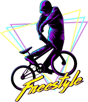 Người đi xe đạp BMX thực hiện kỹ thuật freestyle với hiệu ứng neon retro