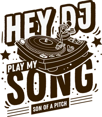 Hình ảnh minh họa phong cách retro với máy quay đĩa DJ và dòng chữ "Hey DJ Play My Song"