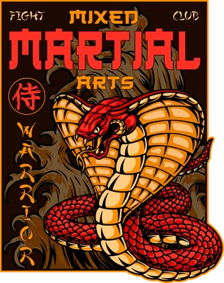 Hình minh họa rắn hổ mang phong cách võ thuật Nhật Bản với chữ Martial Arts