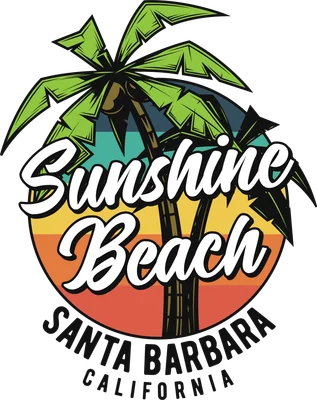 Thiết kế hình in cây dừa phong cách retro với chữ Sunshine Beach Santa Barbara California