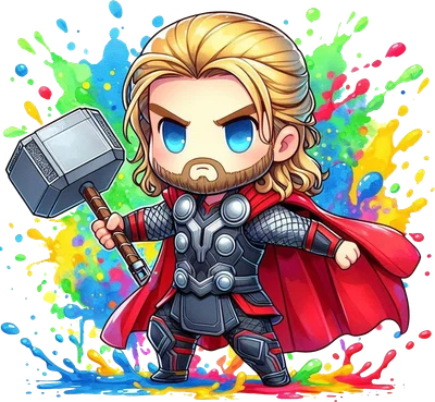Hình ảnh Thor chibi đáng yêu cầm búa Mjolnir, trang phục chiến binh, tóc vàng, râu quai nón, mắt xanh, nền bắn màu nước sặc sỡ.