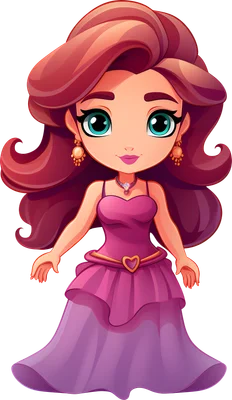 Hình ảnh cô gái hoạt hình chibi dễ thương với mái tóc nâu xoăn, đôi mắt xanh to tròn, mặc váy hồng tím và đeo trang sức vàng.