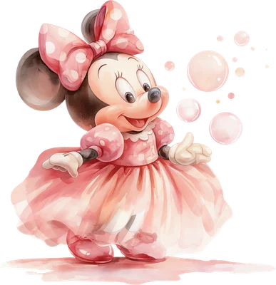 Minnie Mouse hoạt hình dễ thương mặc váy hồng và nơ chấm bi, xung quanh có bong bóng nước, phong cách màu nước.