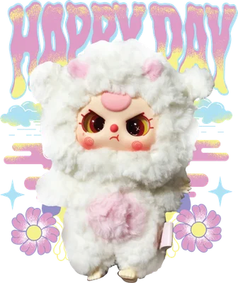 Hình in búp bê cừu trắng xù lông với biểu cảm giận dỗi, mắt to, cùng chữ Happy Day và hoa, mây màu pastel.