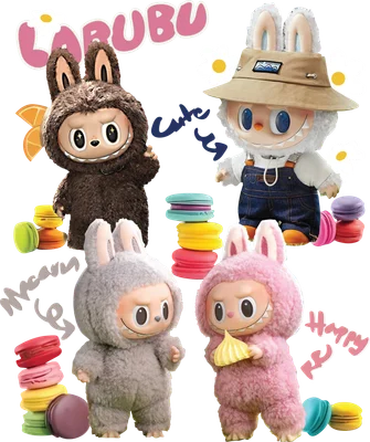 Hình ảnh bốn nhân vật Labubu trong trang phục thỏ bông màu nâu, trắng, xám, hồng cùng bánh macaron nhiều màu sắc và chữ Labubu.
