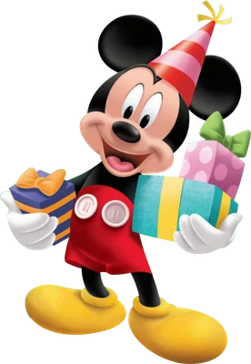 Mickey Mouse hoạt hình đội nón sinh nhật sọc đỏ hồng, mỉm cười rạng rỡ và ôm nhiều hộp quà màu sắc trên nền xám.