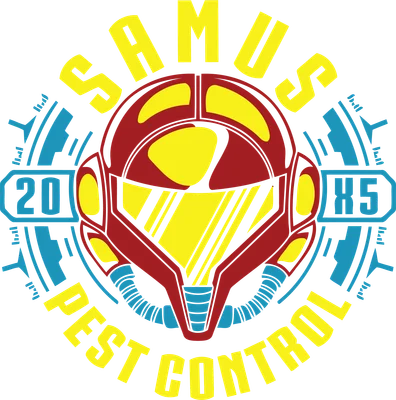 Hình in Samus Aran với giáp robot màu đỏ và vàng, có chữ "Samus Pest Control" và "20X5"