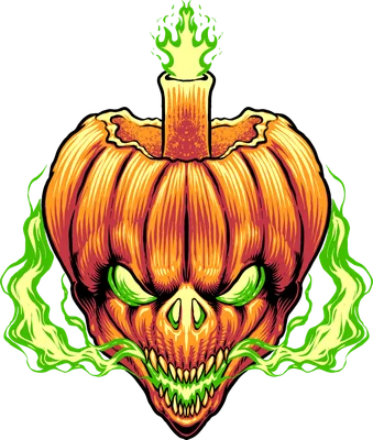Hình minh họa bí ngô Halloween với ngọn lửa xanh ma quái và biểu cảm đáng sợ