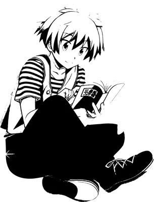 Hình ảnh chàng trai anime tóc trắng, mặc áo sọc, quần đen, ngồi đọc sách, phong cách vẽ đen trắng.
