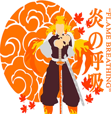 Hình minh họa Kyojuro Rengoku với mái tóc vàng rực lửa, kiếm Nhật và biểu tượng lửa phía sau.