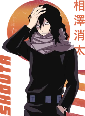 Hình vẽ nhân vật anime Aizawa Shota, tóc đen, quàng khăn, tay đặt lên trán, biểu cảm mệt mỏi.