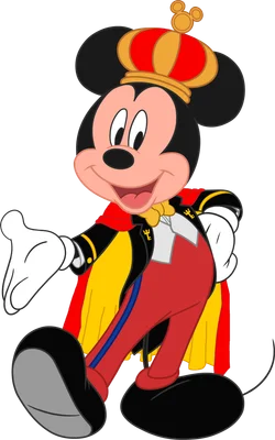 Hình ảnh Mickey Mouse trong trang phục vua, đội vương miện vàng, áo choàng đỏ vàng, quần đỏ, đang bước đi và mỉm cười.