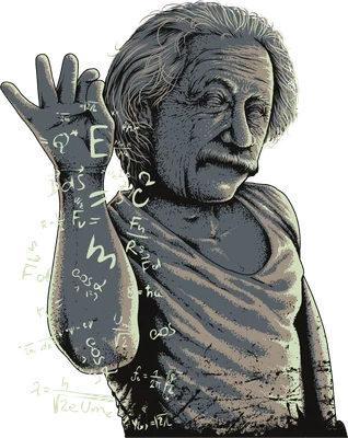 Hình vẽ Albert Einstein với các công thức vật lý trên tay và người, phong cách nghệ thuật độc đáo.