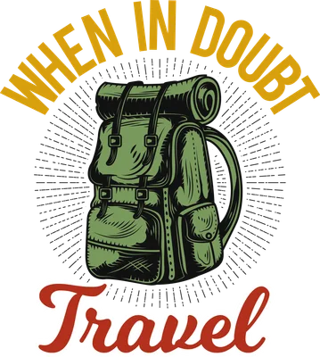 Hình ảnh minh họa ba lô du lịch màu xanh lá cây với dòng chữ "When in Doubt Travel" phong cách vintage.