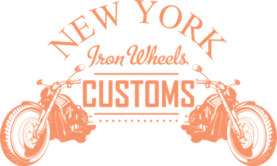Hình ảnh xe máy cổ điển hai bên với dòng chữ 'NEW YORK Iron Wheels CUSTOMS' ở giữa, màu cam trên nền xám.