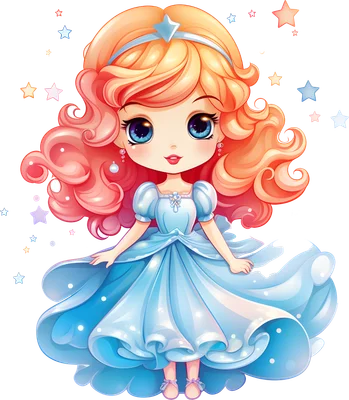 Hình vẽ công chúa chibi dễ thương với mái tóc xoăn màu cam hồng, đôi mắt to xanh biếc, mặc váy xanh bồng bềnh, xung quanh có các ngôi sao nhỏ.