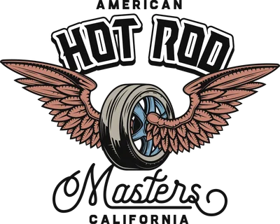 Hình ảnh biểu tượng Hot Rod cổ điển với bánh xe ô tô có cánh và chữ 'AMERICAN HOT ROD Masters CALIFORNIA'.