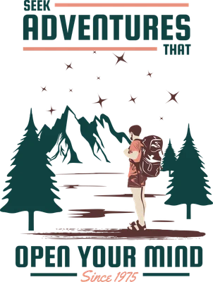 Hình minh họa người leo núi đeo ba lô đứng giữa rừng cây và núi non, có chữ 'Seek Adventures That Open Your Mind'.