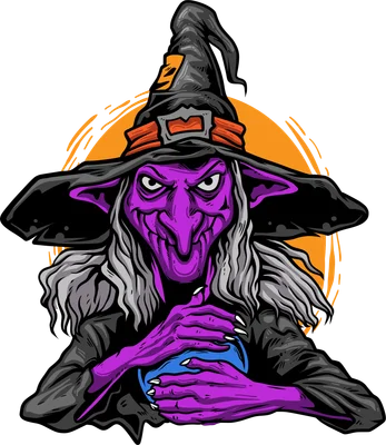 Hình minh họa phù thủy da tím đội mũ nhọn cầm quả cầu pha lê, phong cách hoạt hình Halloween