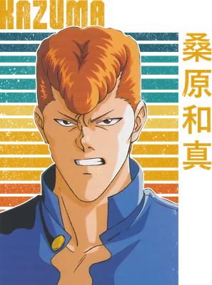 Hình vẽ nhân vật anime Kazuma Kuwabara với mái tóc cam, biểu cảm nghiêm nghị, mặc áo khoác xanh.