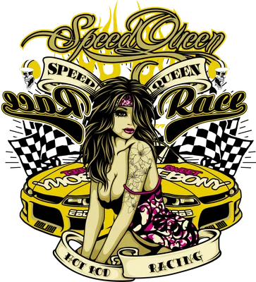 Hình ảnh cô gái gợi cảm ngồi bên cạnh xe đua màu vàng, với cờ đua và dòng chữ "Speed Queen Race".