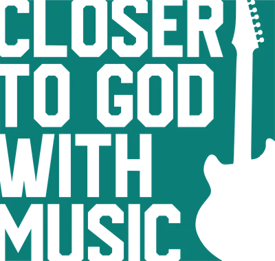 Hình ảnh chữ "CLOSER TO GOD WITH MUSIC" màu xám trên nền xanh ngọc bích, có silhouette cây đàn guitar.