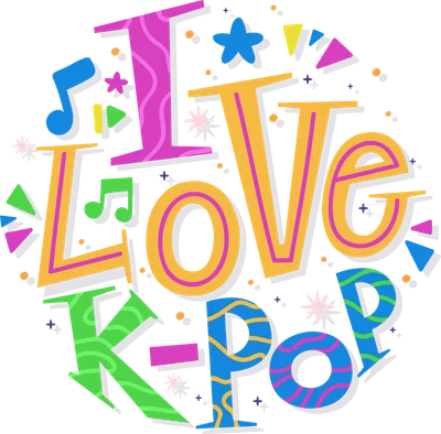 Chữ I Love K-Pop với các ký tự được thiết kế nhiều màu sắc và họa tiết vui nhộn, kèm theo các nốt nhạc và hình ngôi sao.
