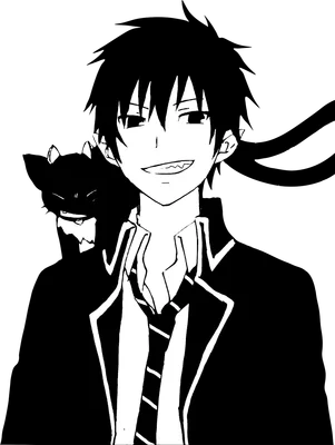 Hình vẽ anime đen trắng một chàng trai trẻ với mái tóc đen, đeo cà vạt và một con mèo đen nhỏ trên vai.