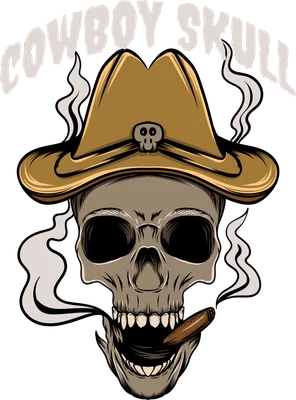 Hình minh họa đầu lâu đội mũ cao bồi, hút xì gà, với khói bốc lên và chữ 'COWBOY SKULL'.